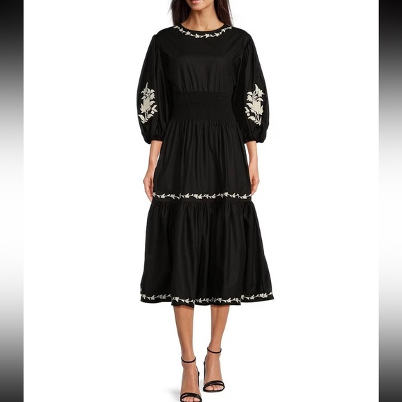 Fanm Mon Sundial Embroidered Short Sleeve Midi Dress Black/White NWT Sz Small - Picture 1 of 11